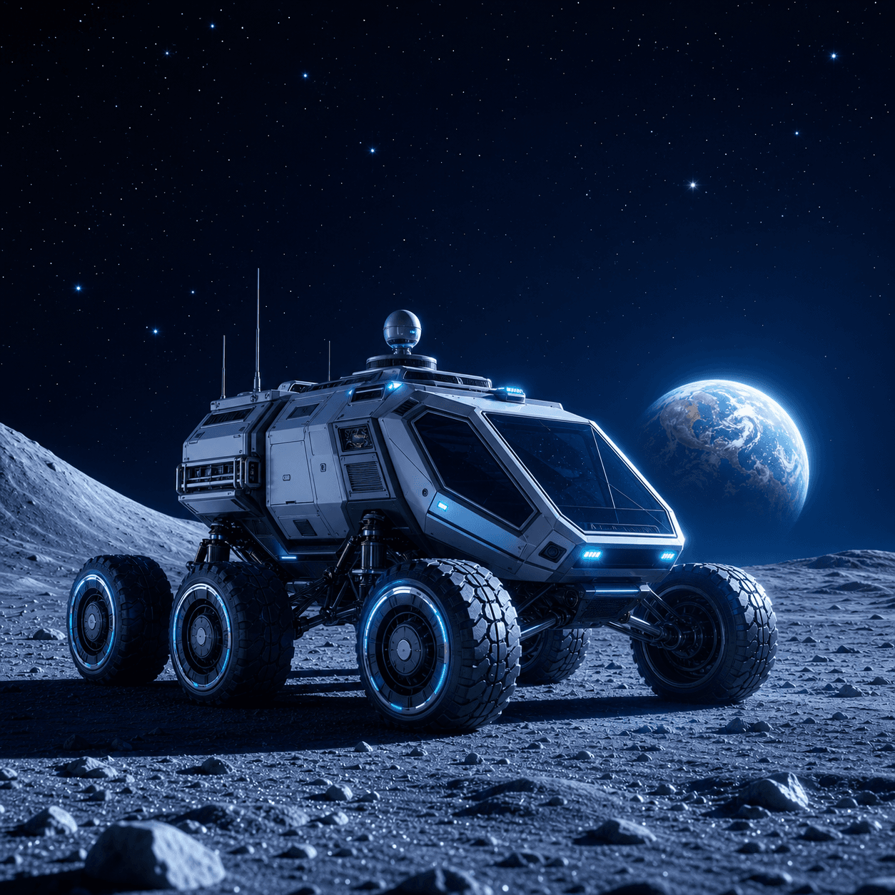 A lunar rover scene on the Moon during a future Artemis-style mission