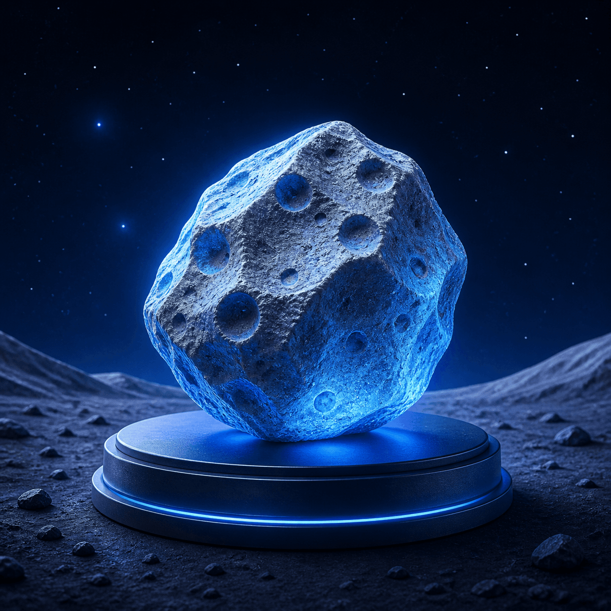A luminous Moon rock on a lunar landscape
