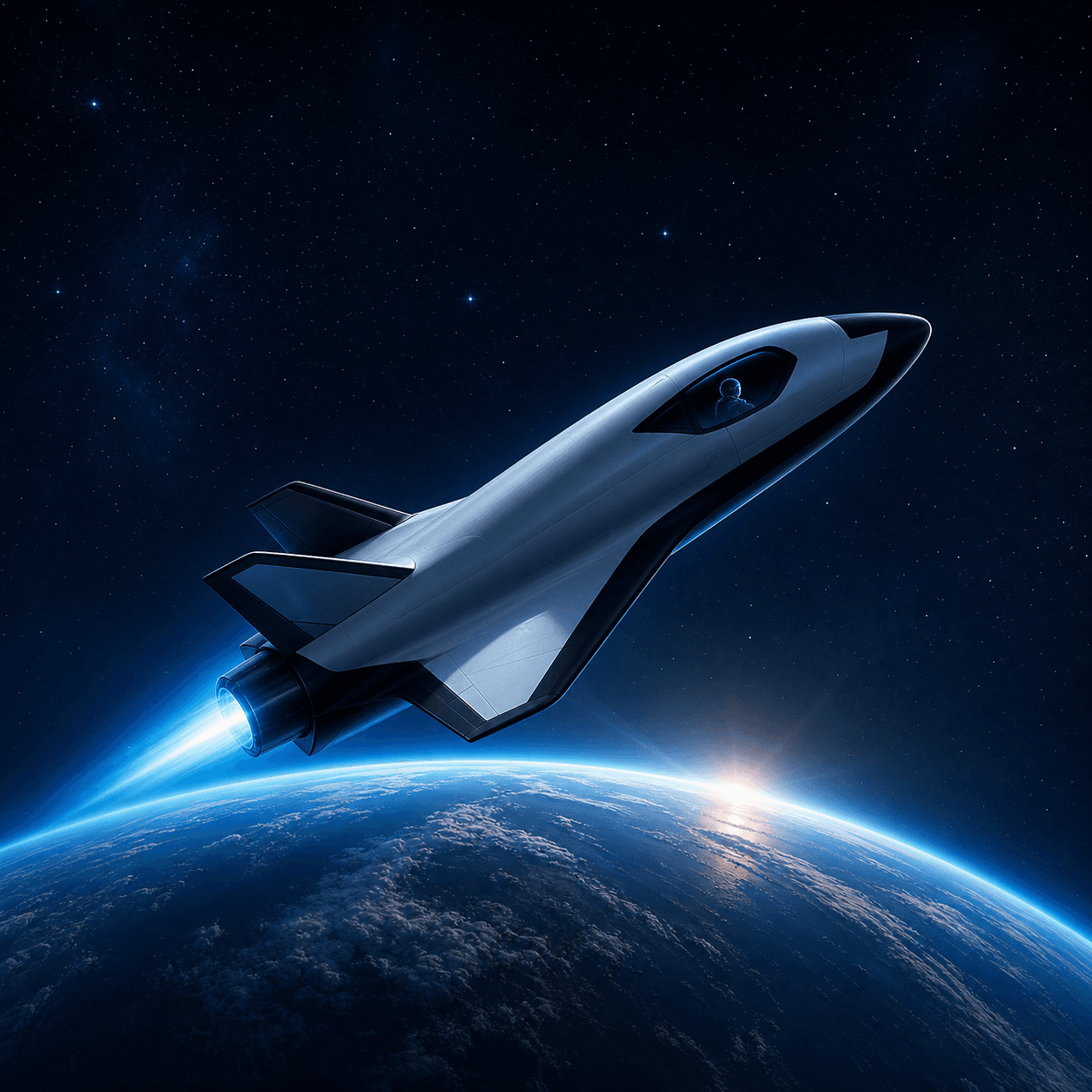 A sleek spaceplane flying over Earth